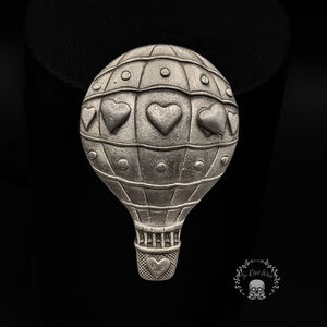 Vintage Pewter Hot Air Balloon Brooch with Heart Earrings Set - SIGNED